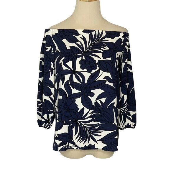 Ann Taylor Blue White Floral Off Shoulder 3/4 Sleeves blouse XS - Picture 1 of 11